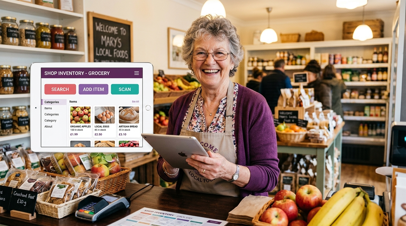 Comerciante gestionando inventario y productos con la app Kashir en tablet